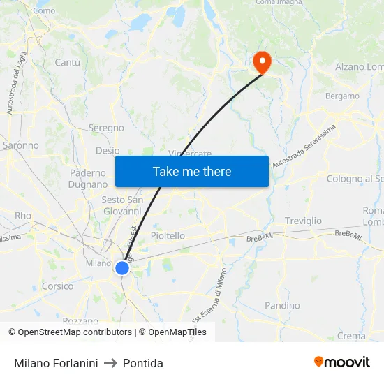 Milan Forlanini to Pontida map
