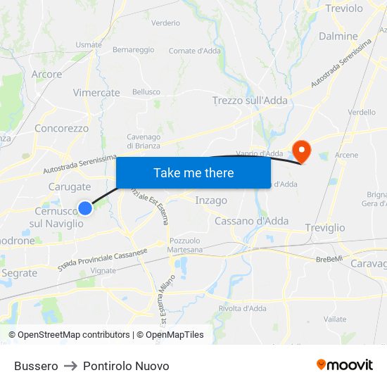 Bussero to Pontirolo Nuovo map