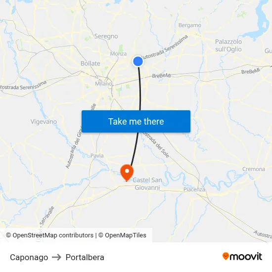 Caponago to Portalbera map
