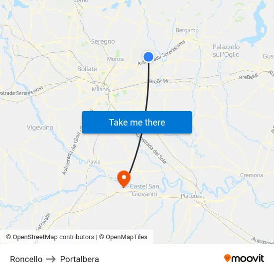 Roncello to Portalbera map