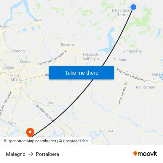Malegno to Portalbera map