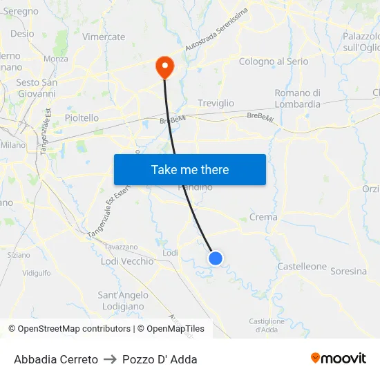 Abbadia Cerreto to Pozzo D' Adda map