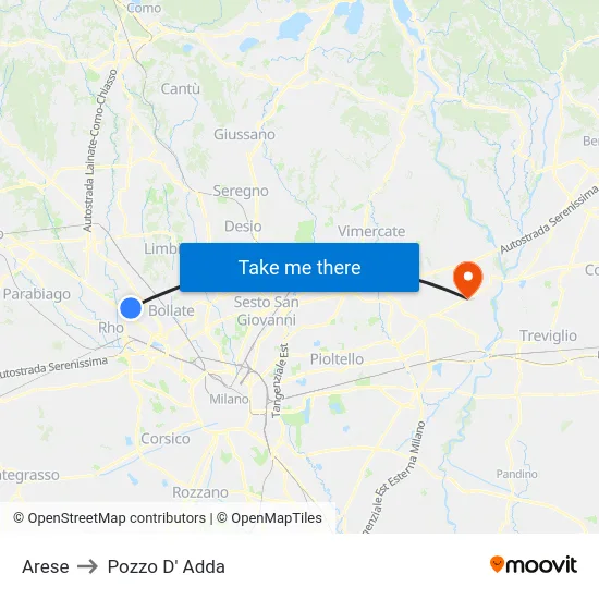 Arese to Pozzo D' Adda map