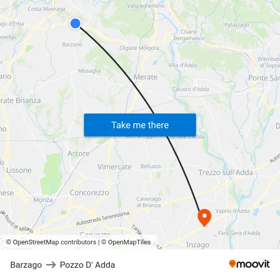 Barzago to Pozzo D' Adda map
