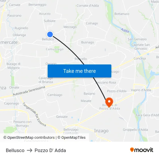 Bellusco to Pozzo D' Adda map
