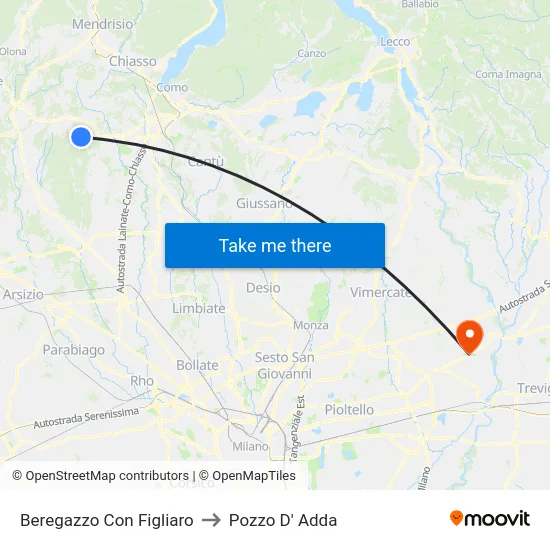 Beregazzo Con Figliaro to Pozzo D' Adda map