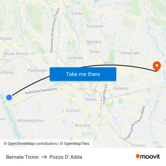 Bernate Ticino to Pozzo D' Adda map