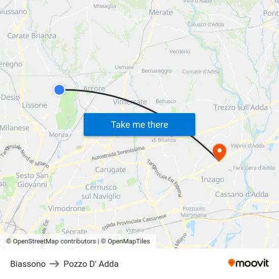 Biassono to Pozzo D' Adda map