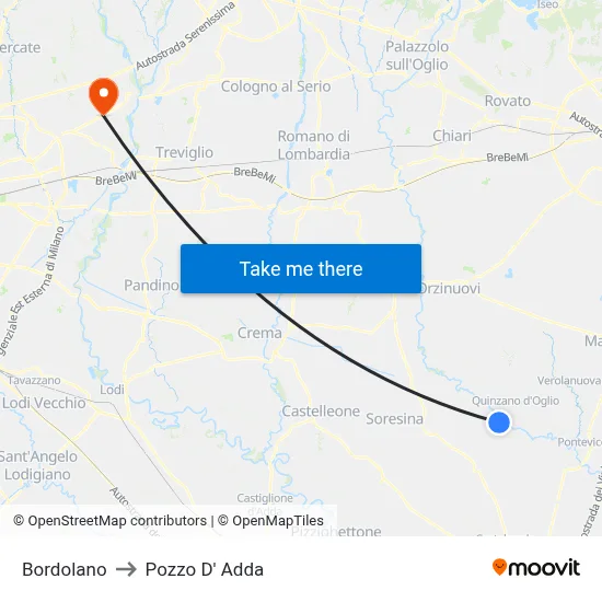 Bordolano to Pozzo D' Adda map