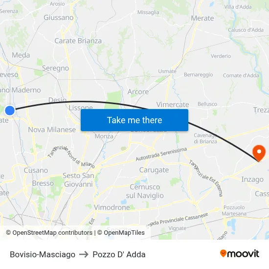 Bovisio-Masciago to Pozzo D' Adda map