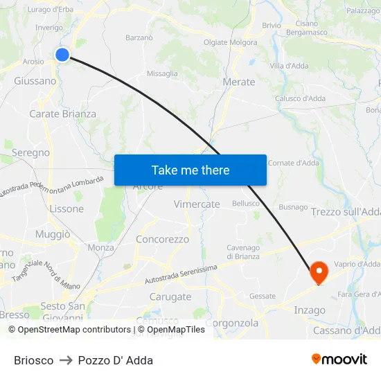 Briosco to Pozzo D' Adda map