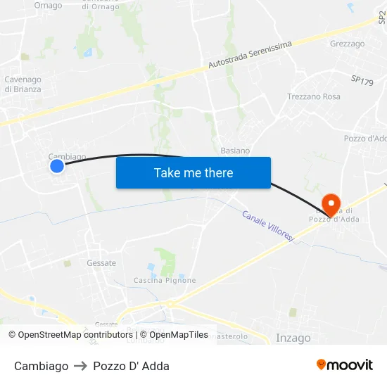 Cambiago to Pozzo D' Adda map