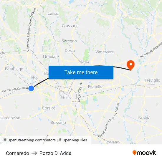 Cornaredo to Pozzo D' Adda map