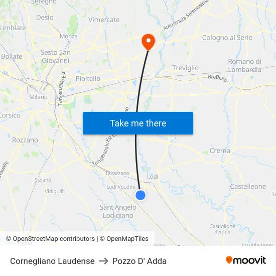 Cornegliano Laudense to Pozzo D' Adda map