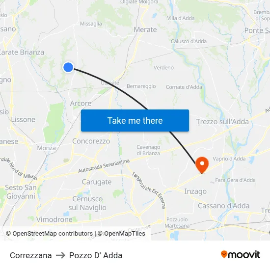 Correzzana to Pozzo D' Adda map