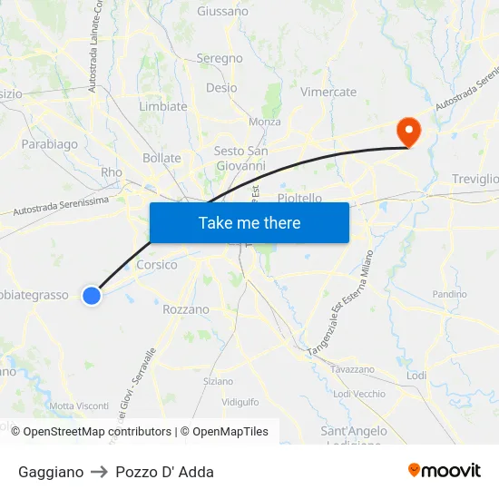 Gaggiano to Pozzo D' Adda map