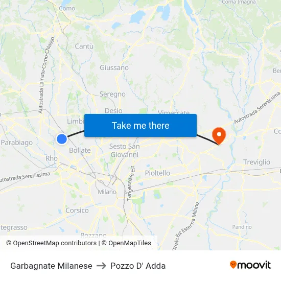 Garbagnate Milanese to Pozzo D' Adda map