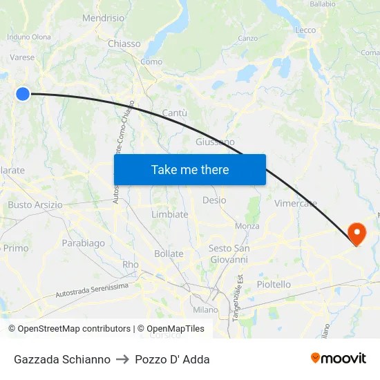 Gazzada Schianno to Pozzo D' Adda map