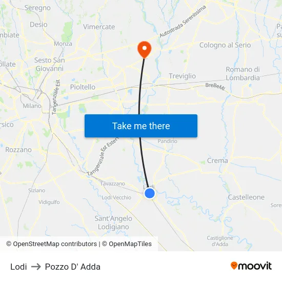 Lodi to Pozzo D' Adda map