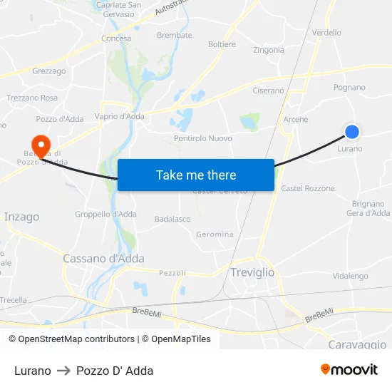 Lurano to Pozzo D' Adda map