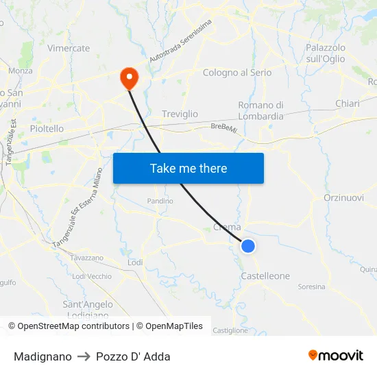 Madignano to Pozzo D' Adda map