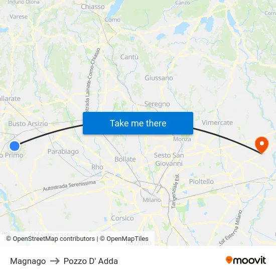 Magnago to Pozzo D' Adda map