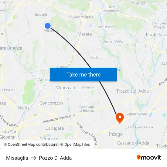 Missaglia to Pozzo D' Adda map