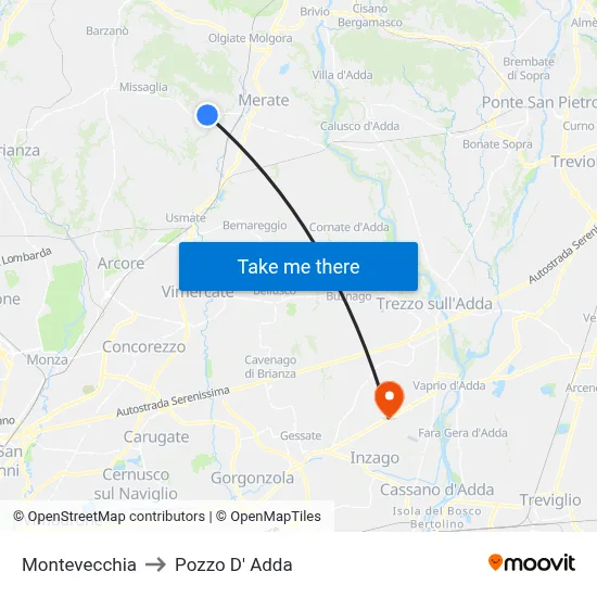 Montevecchia to Pozzo D' Adda map