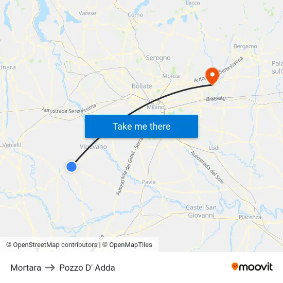 Mortara to Pozzo D' Adda map