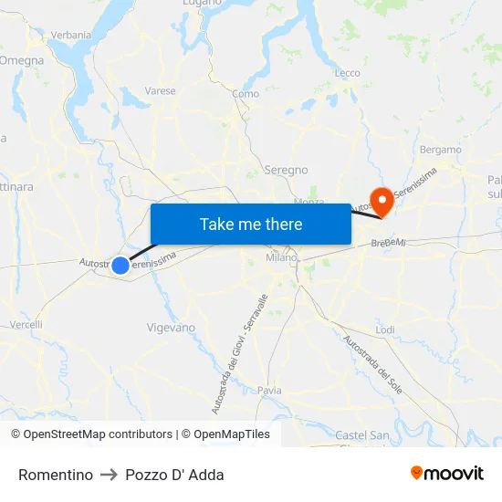 Romentino to Pozzo D' Adda map