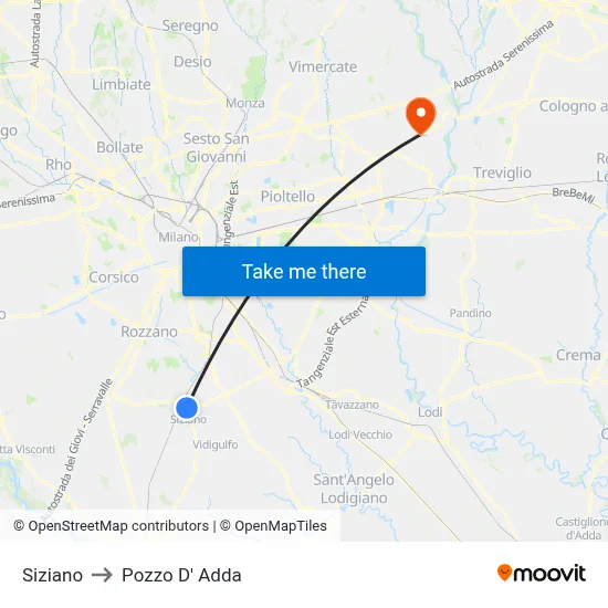 Siziano to Pozzo D' Adda map