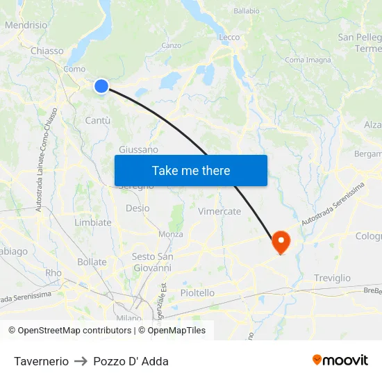 Tavernerio to Pozzo D' Adda map