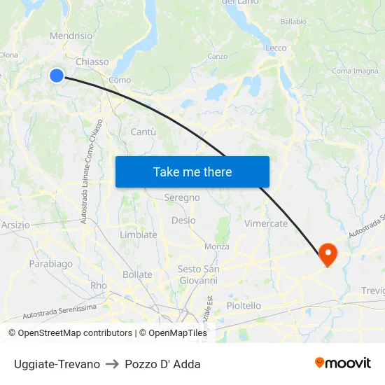 Uggiate-Trevano to Pozzo D' Adda map