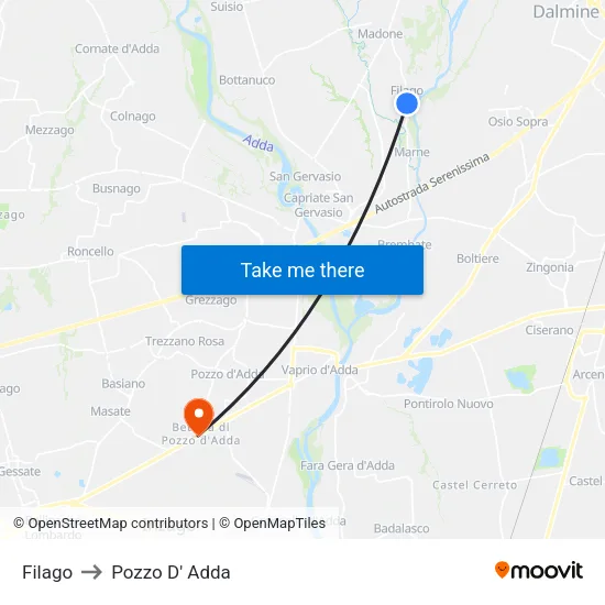 Filago to Pozzo D' Adda map