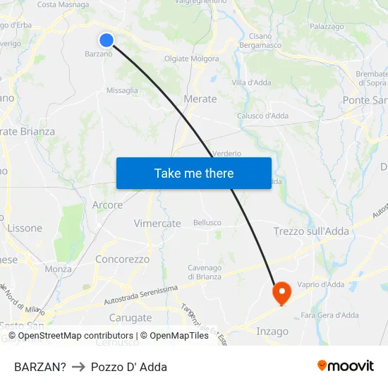 Barzan to Pozzo D' Adda map