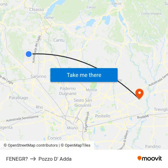 Fenegro to Pozzo D' Adda map