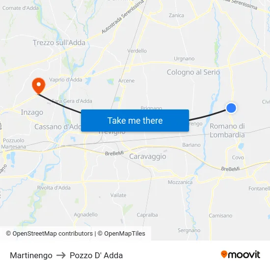 Martinengo to Pozzo D' Adda map