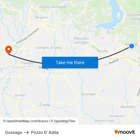 Gussago to Pozzo D' Adda map