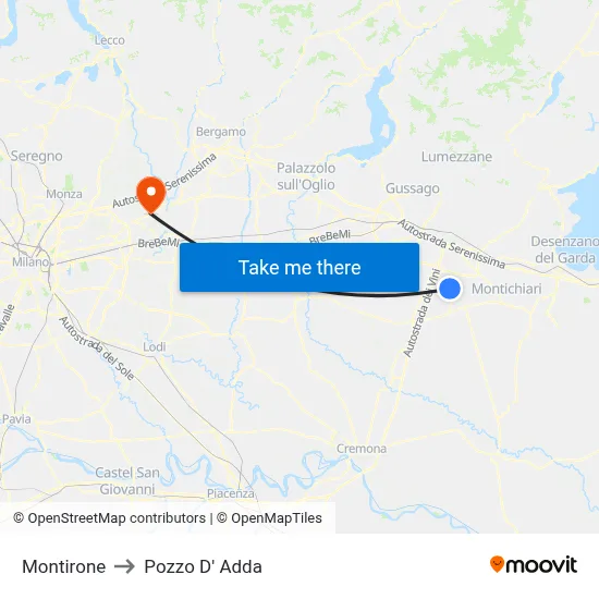 Montirone to Pozzo D' Adda map
