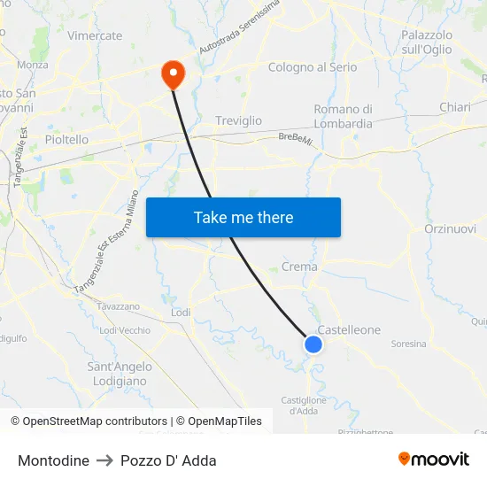 Montodine to Pozzo D' Adda map