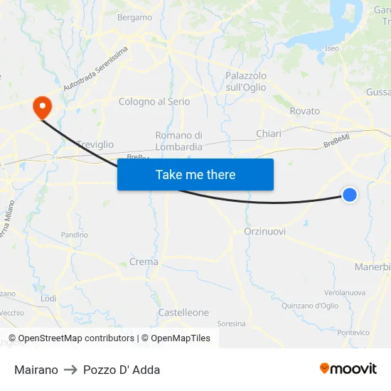 Mairano to Pozzo D' Adda map
