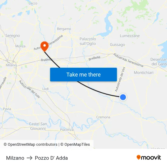 Milzano to Pozzo D' Adda map