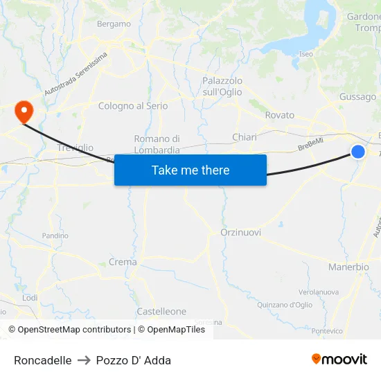 Roncadelle to Pozzo D' Adda map