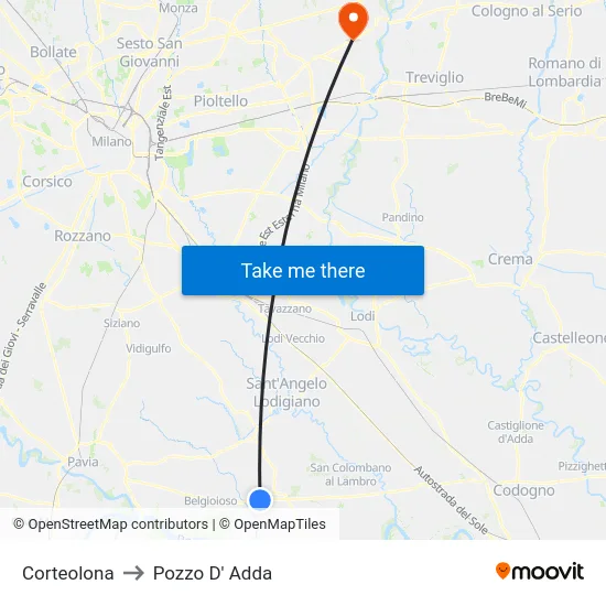 Corteolona to Pozzo D' Adda map