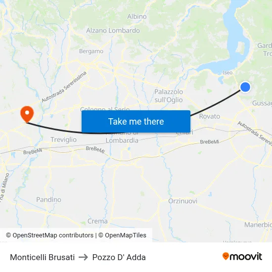 Monticelli Brusati to Pozzo D' Adda map