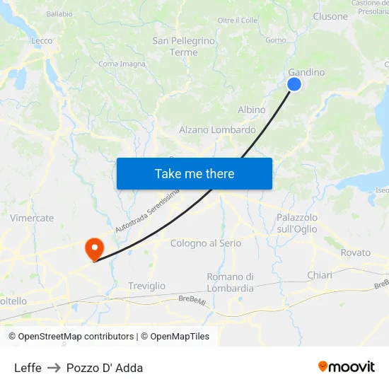 Leffe to Pozzo D' Adda map