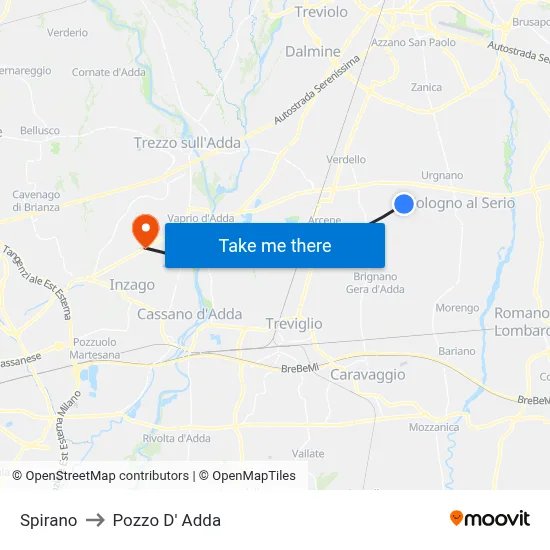 Spirano to Pozzo D' Adda map