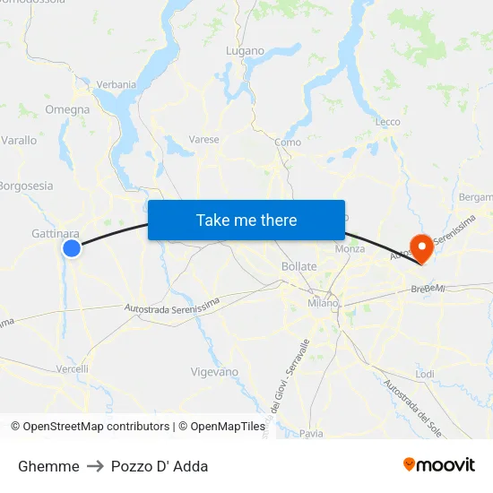 Ghemme to Pozzo D' Adda map