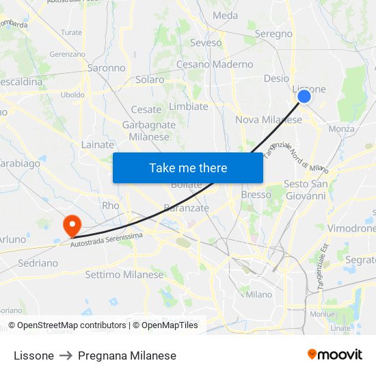 Lissone to Pregnana Milanese map