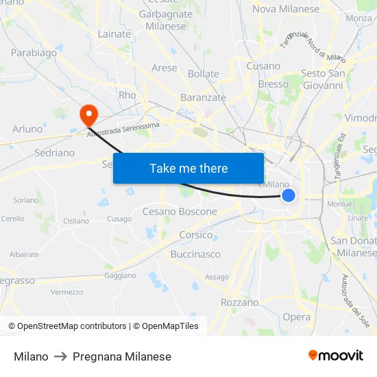 Milano to Pregnana Milanese map